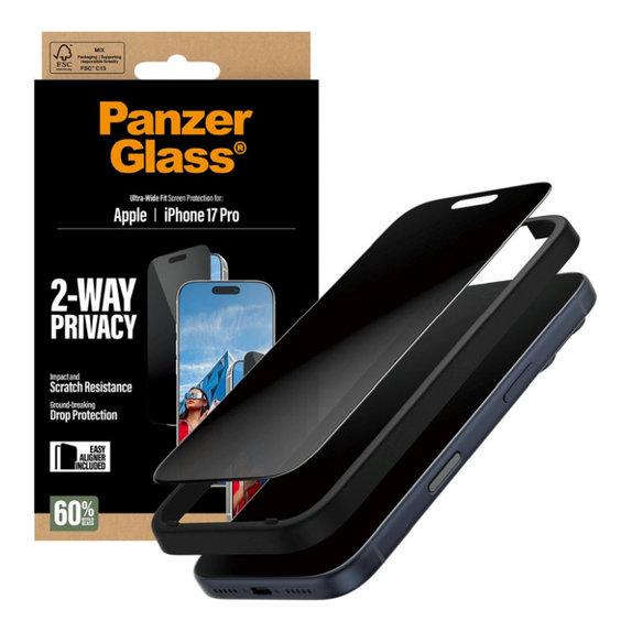 Σκληρυμένο γυαλί UWF 2-Way Privacy με εφαρμογέα για iPhone 17 Pro, Μαύρο, PanzerGlass