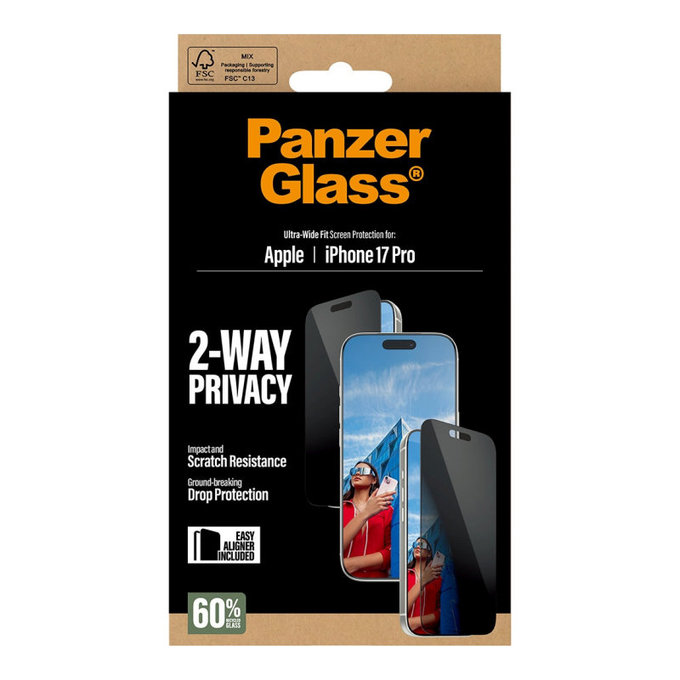 Σκληρυμένο γυαλί UWF 2-Way Privacy με εφαρμογέα για iPhone 17 Pro, Μαύρο, PanzerGlass