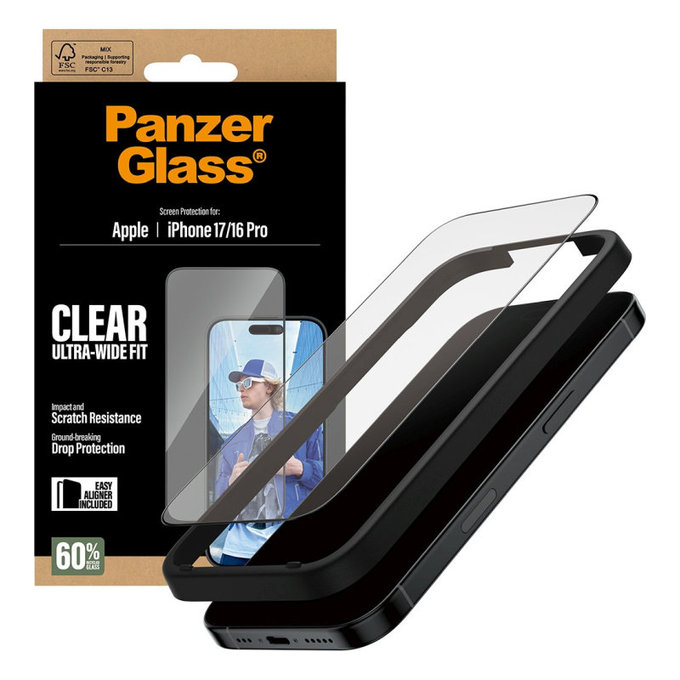 Σκληρυμένο γυαλί UWF με εφαρμογέα για iPhone 17/16 Pro, Μαύρο, PanzerGlass