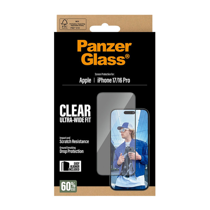 Σκληρυμένο γυαλί UWF με εφαρμογέα για iPhone 17/16 Pro, Μαύρο, PanzerGlass