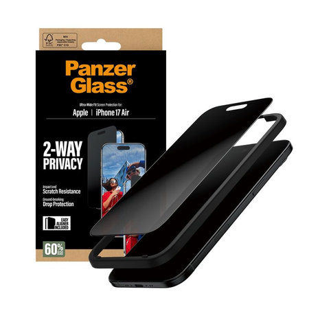 PanzerGlass - Σκληρό γυαλί UWF 2-Way Privacy με εφαρμοστή για iPhone 17 Air, μαύρο