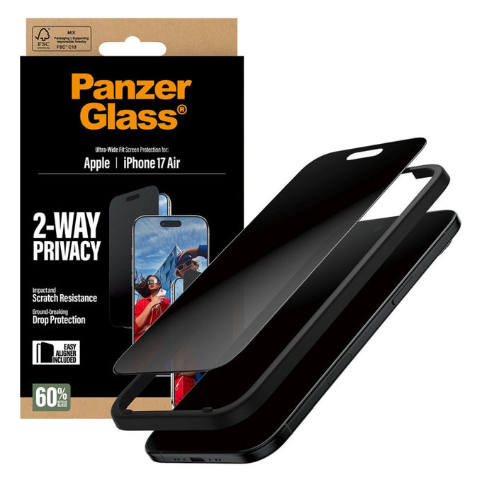 Προστατευτικό γυαλί UWF 2-Way Privacy με εφαρμογέα για iPhone 17 Air, Μαύρο, PanzerGlass