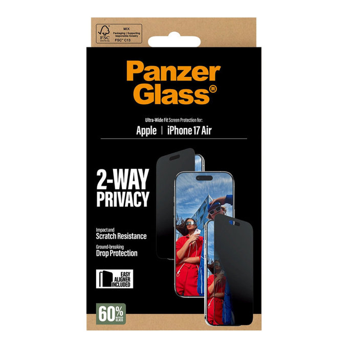 Προστατευτικό γυαλί UWF 2-Way Privacy με εφαρμογέα για iPhone 17 Air, Μαύρο, PanzerGlass