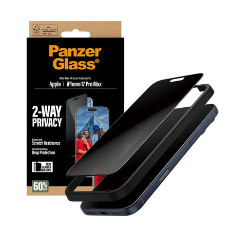 PanzerGlass - Σκληρό γυαλί UWF 2-Way Privacy με εφαρμοστή για iPhone 17 Pro Max, μαύρο