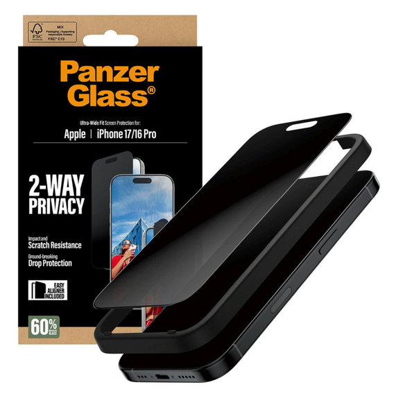 Σκληρυμένο γυαλί UWF 2-Way Privacy με Fastfit για iPhone 17/16 Pro, Μαύρο, PanzerGlass