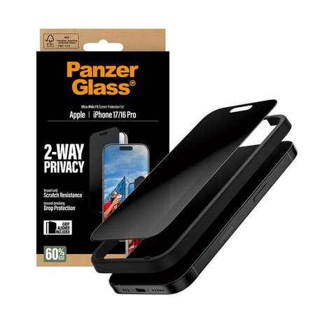 PanzerGlass - Σκληρό γυαλί UWF 2-Way Privacy με εφαρμοστή για iPhone 17/16 Pro, μαύρο