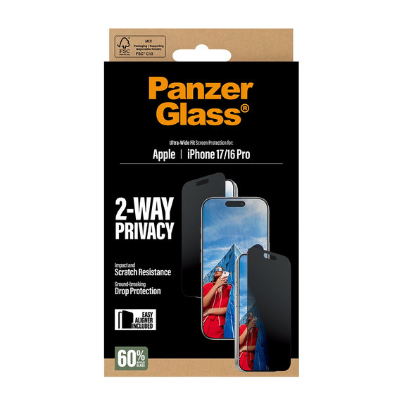 Σκληρυμένο γυαλί UWF 2-Way Privacy με Fastfit για iPhone 17/16 Pro, Μαύρο, PanzerGlass