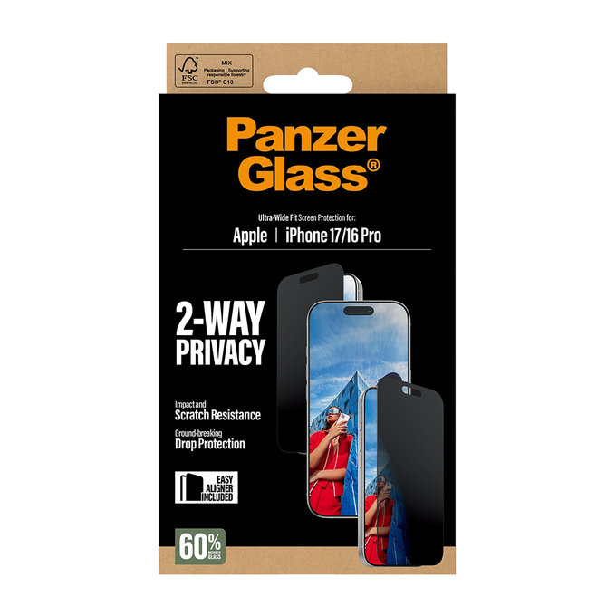 Σκληρυμένο γυαλί UWF 2-Way Privacy με Fastfit για iPhone 17/16 Pro, Μαύρο, PanzerGlass