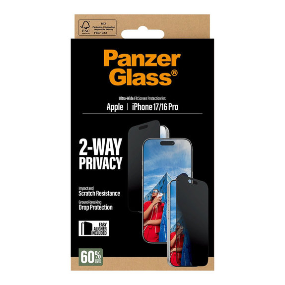 Σκληρυμένο γυαλί UWF 2-Way Privacy με Fastfit για iPhone 17/16 Pro, Μαύρο, PanzerGlass
