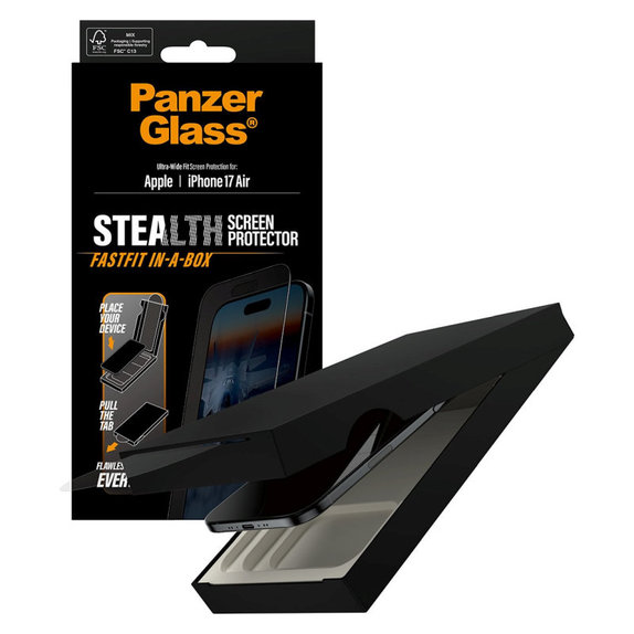 Προστατευτικό γυαλί UWF Stealth με Fastfit για iPhone 17 Air, Μαύρο, PanzerGlass