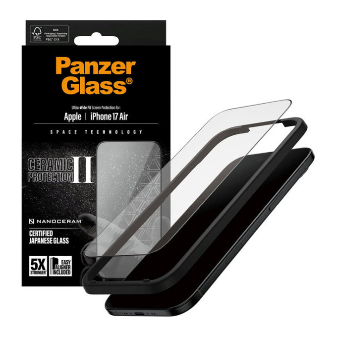 Προστατευτικό γυαλί UWF Ceramic II με εφαρμογέα για iPhone 17 Air, Μαύρο, PanzerGlass