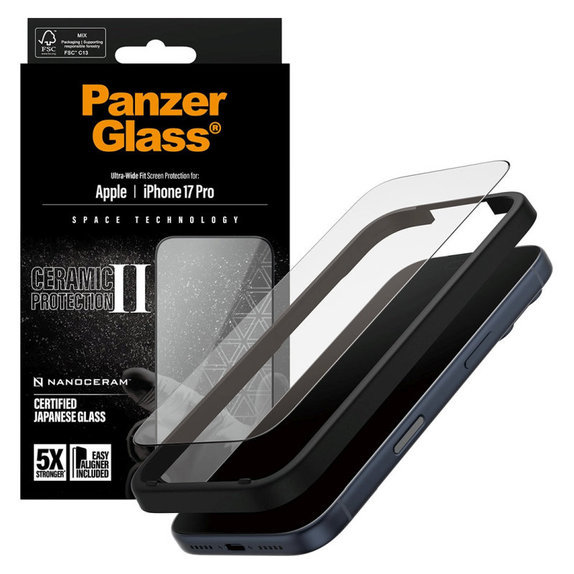 Προστατευτικό γυαλί UWF Ceramic II με εφαρμογέα για iPhone 17 Pro, Μαύρο, PanzerGlass