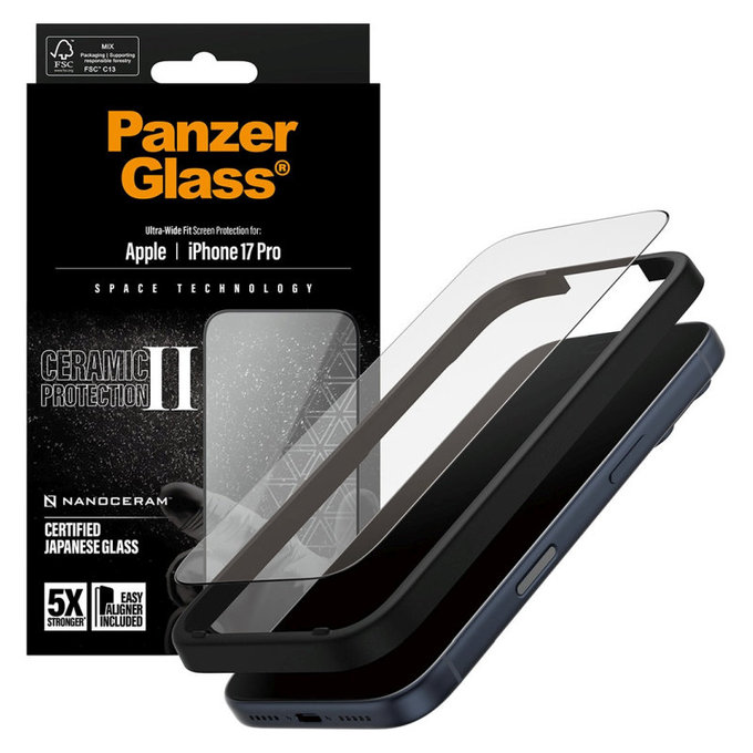 Προστατευτικό γυαλί UWF Ceramic II με εφαρμογέα για iPhone 17 Pro, Μαύρο, PanzerGlass