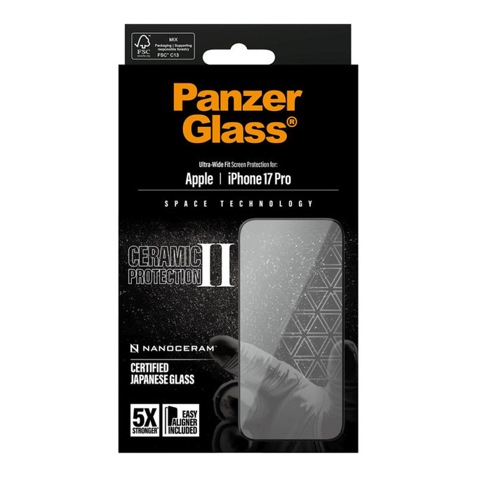 Προστατευτικό γυαλί UWF Ceramic II με εφαρμογέα για iPhone 17 Pro, Μαύρο, PanzerGlass