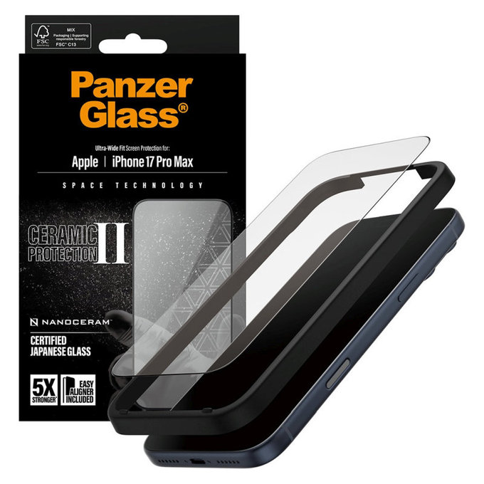 Προστατευτικό γυαλί UWF Ceramic II με εφαρμογέα για iPhone 17 Pro Max, Μαύρο, PanzerGlass