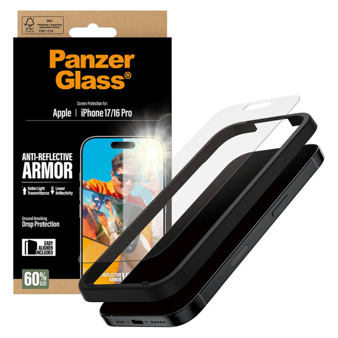 Προστατευτικό γυαλί Anti-Reflective με εφαρμογέα για iPhone 17/16 Pro, Μαύρο, PanzerGlass