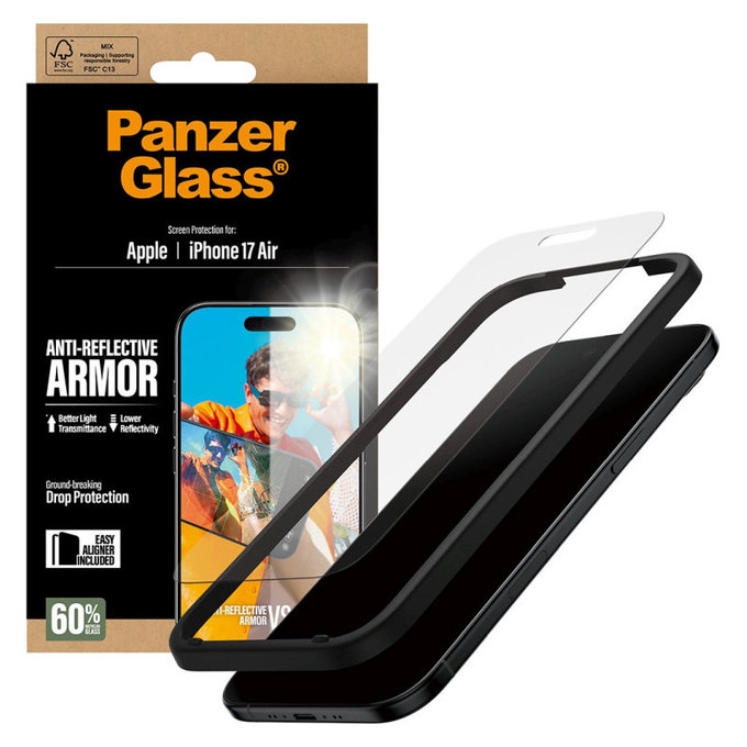 Προστατευτικό γυαλί Anti-Reflective με εφαρμογέα για iPhone 17 Air, Μαύρο, PanzerGlass