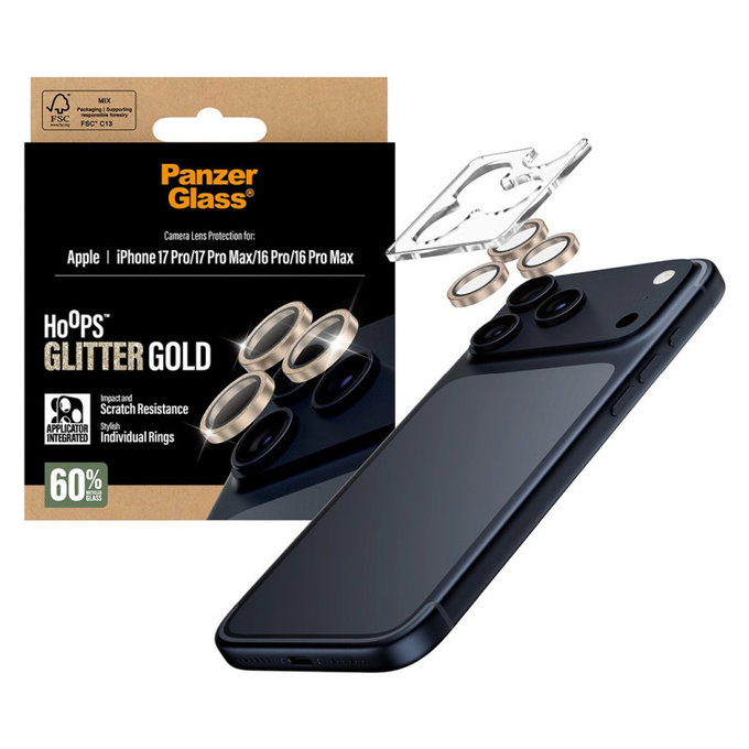 Προστατευτικό φακού κάμερας Hoops για iPhone 17 Pro Max/17 Pro/16 Pro Max/16 Pro, Glitter Gold, PanzerGlass