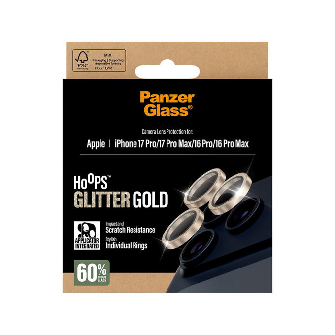 Προστατευτικό φακού κάμερας Hoops για iPhone 17 Pro Max/17 Pro/16 Pro Max/16 Pro, Glitter Gold, PanzerGlass