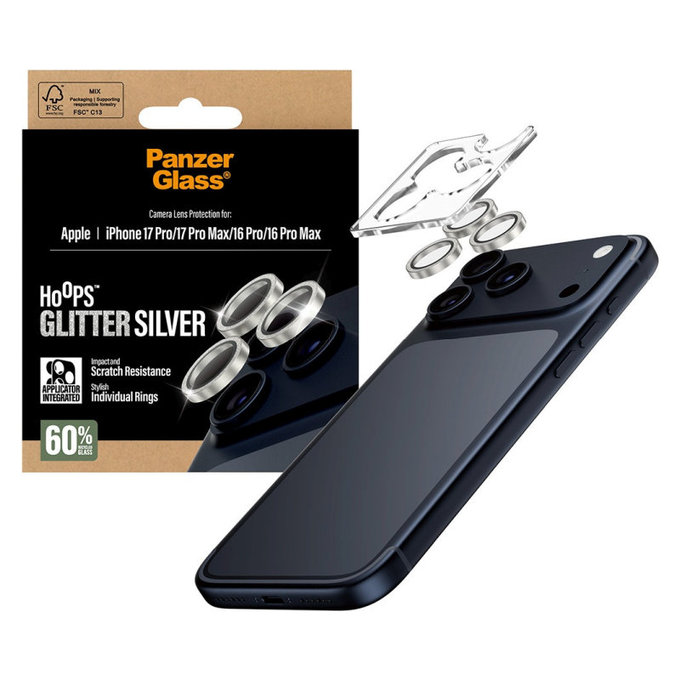 Προστατευτικό φακού κάμερας Hoops για iPhone 17 Pro Max/17 Pro/16 Pro Max/16 Pro, Glitter Silver, PanzerGlass