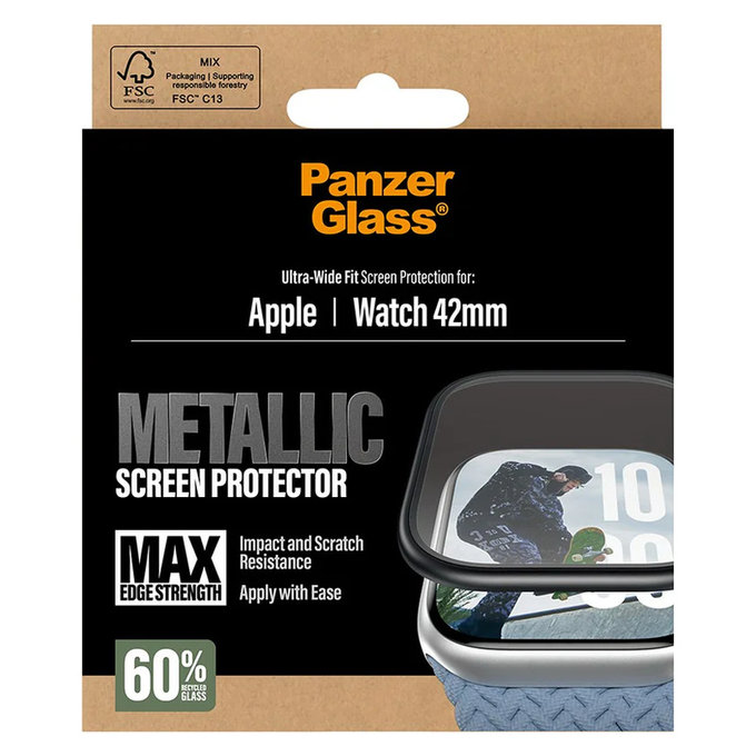 Σκληρυμένο γυαλί UWF METALLIC για Apple Watch 11/10 42 mm, Μαύρο, PanzerGlass