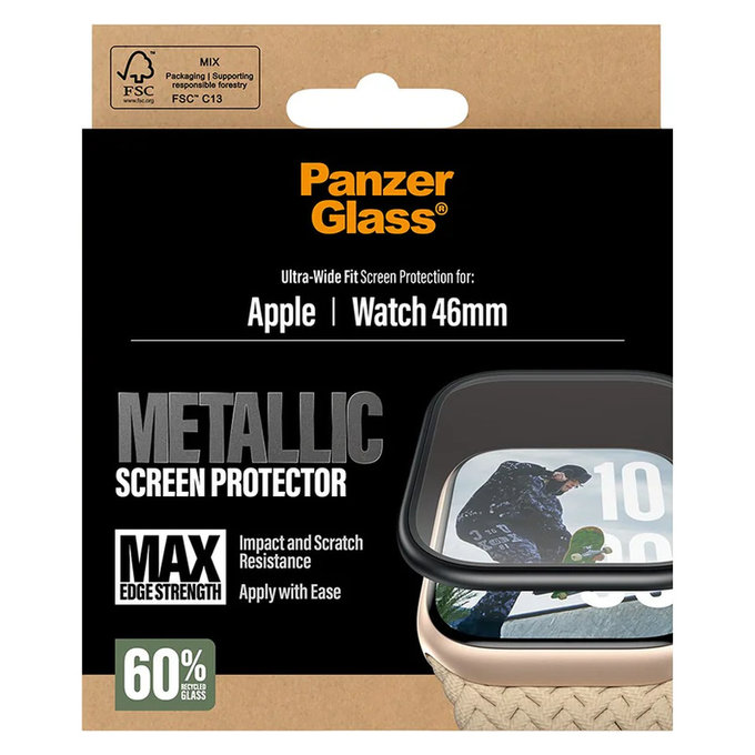 Σκληρυμένο γυαλί UWF METALLIC για Apple Watch 11/10 46 mm, Μαύρο, PanzerGlass