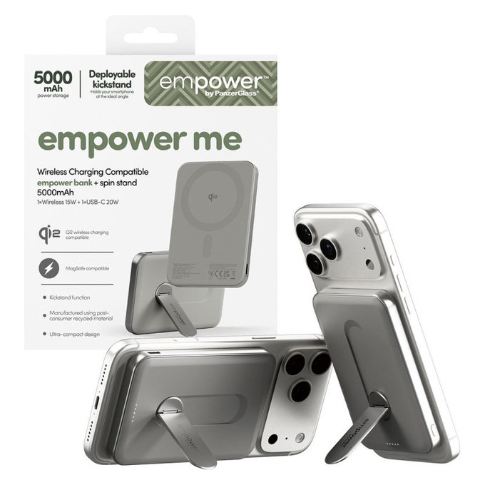 Ασύρματο PowerBank 5000 mAh, με περιστρεφόμενη βάση 20 W, συμβατό με MagSafe, Qi2/USB-C, Τιτάνιο, empower
