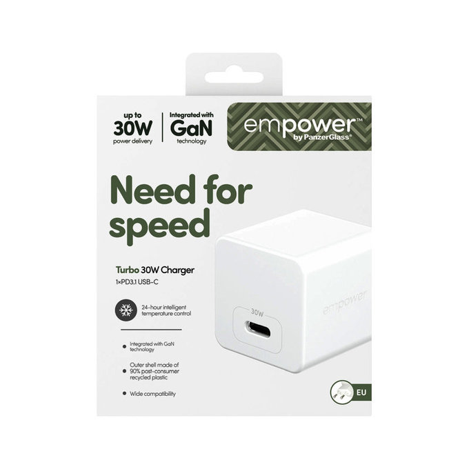 Αντάπτορας ταξιδιού Grand Prix USB-C, GaN, 30 W PD, ασημί-λευκό, empower