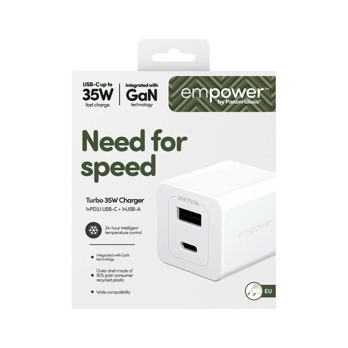 Αντάπτορας ταξιδιού Grand Prix USB-C/USB-A, GaN, 35 W PD, ασημί-λευκό, empower