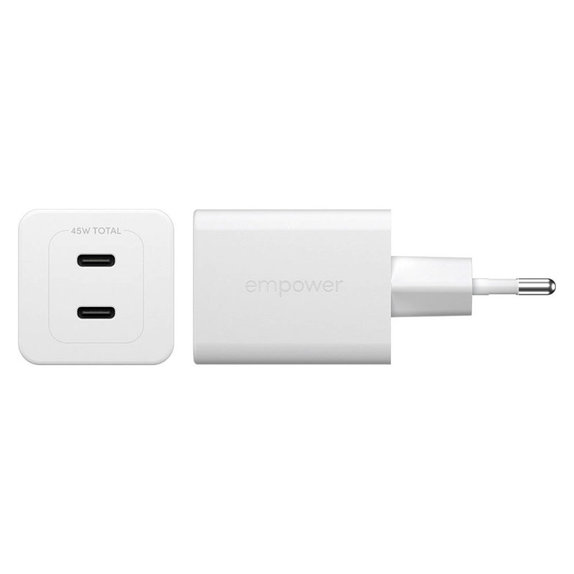 Ταξιδιωτικός αντάπτορας Grand Prix 2x USB-C, GaN, 45 W PD, Ασημί-λευκό, empower