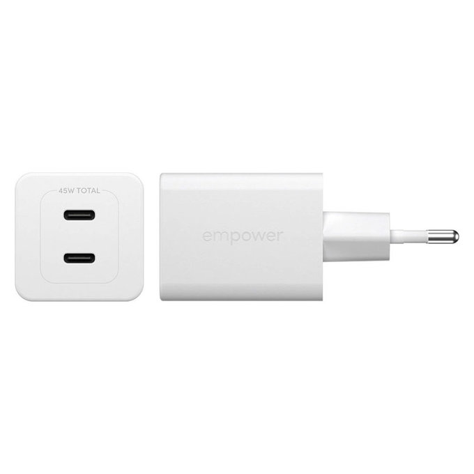 Ταξιδιωτικός αντάπτορας Grand Prix 2x USB-C, GaN, 45 W PD, Ασημί-λευκό, empower