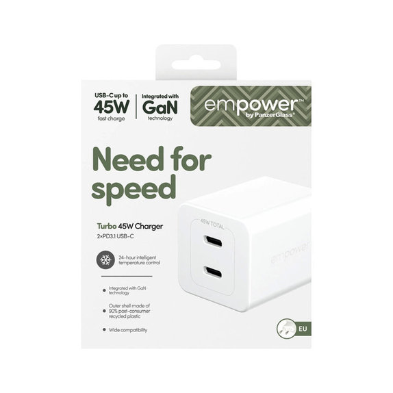 Ταξιδιωτικός αντάπτορας Grand Prix 2x USB-C, GaN, 45 W PD, Ασημί-λευκό, empower
