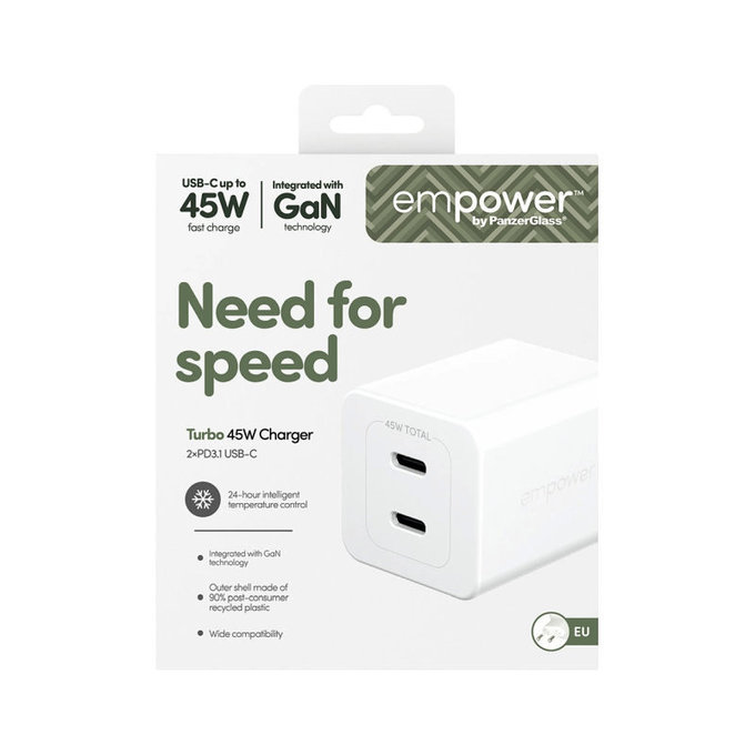 Ταξιδιωτικός αντάπτορας Grand Prix 2x USB-C, GaN, 45 W PD, Ασημί-λευκό, empower