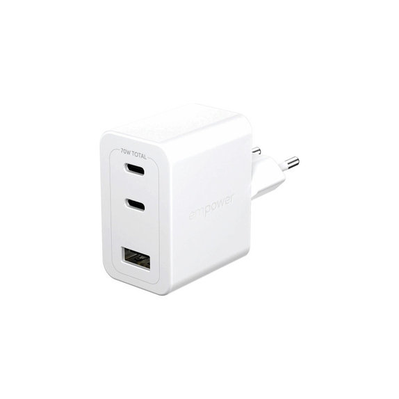 Ταξιδιωτικός αντάπτορας Grand Prix 2x USB-C/USB-A, GaN, 70 W PD, Ασημί-λευκό, empower