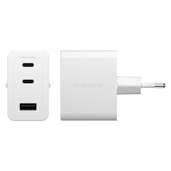 Ταξιδιωτικός αντάπτορας Grand Prix 2x USB-C/USB-A, GaN, 70 W PD, Ασημί-λευκό, empower