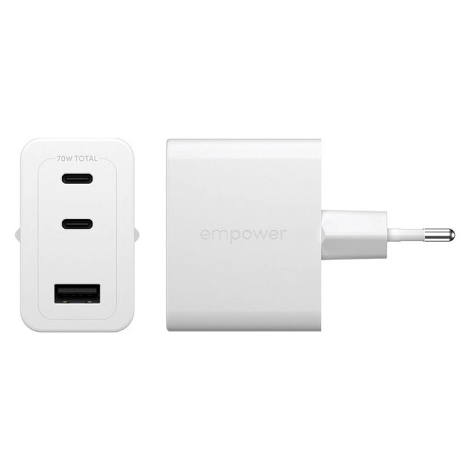 Ταξιδιωτικός αντάπτορας Grand Prix 2x USB-C/USB-A, GaN, 70 W PD, Ασημί-λευκό, empower