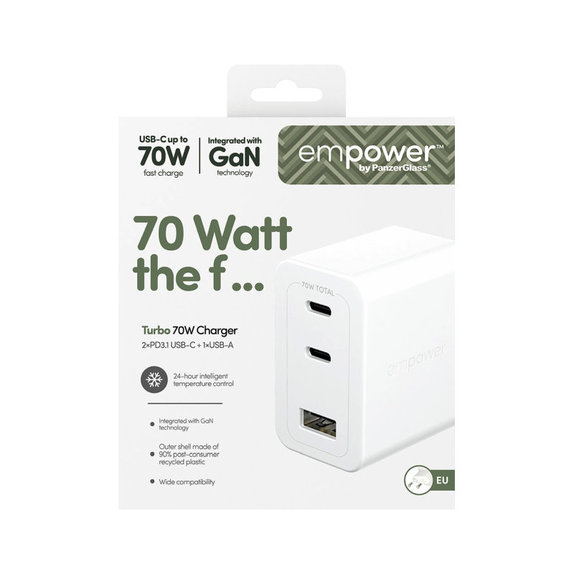 Ταξιδιωτικός αντάπτορας Grand Prix 2x USB-C/USB-A, GaN, 70 W PD, Ασημί-λευκό, empower