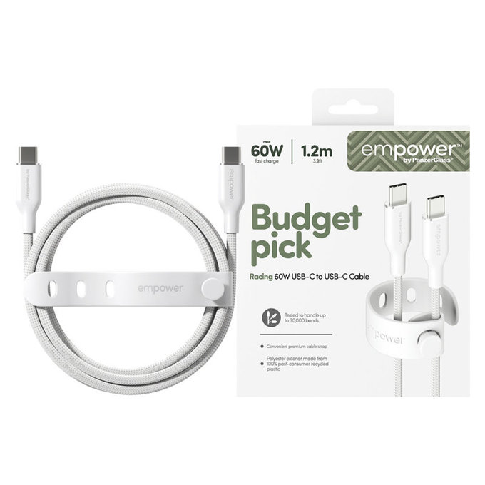 Καλώδιο USB-C, 60 W, Racing, 1,2 m, ασημί-λευκό, empower