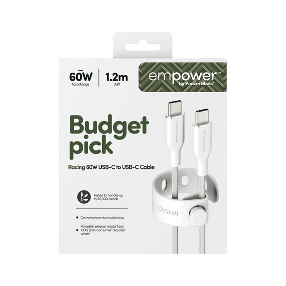 Καλώδιο USB-C, 60 W, Racing, 1,2 m, ασημί-λευκό, empower