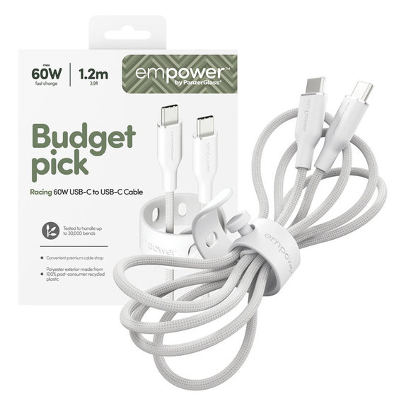Καλώδιο USB-C, 60 W, Racing, 1,2 m, ασημί-λευκό, empower