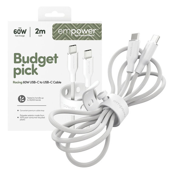 Καλώδιο USB-C, 60 W, Racing, 2 m, Ασημί-λευκό, empower