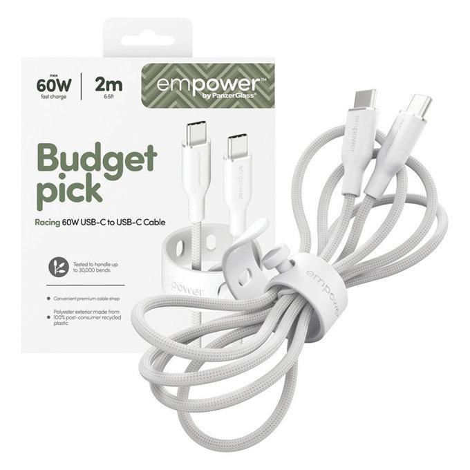 Καλώδιο USB-C, 60 W, Racing, 2 m, Ασημί-λευκό, empower