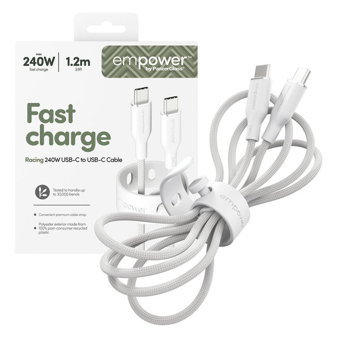 Καλώδιο USB-C, 240 W, Racing, 1,2 m, ασημί-λευκό, empower