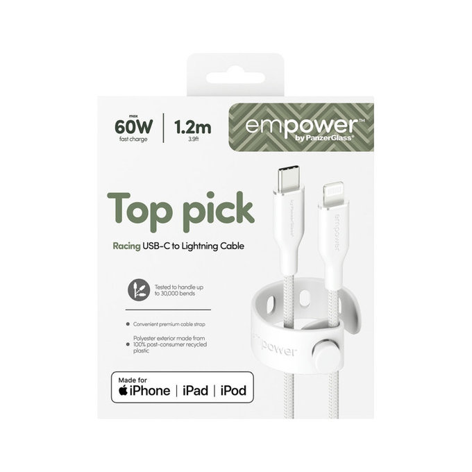 Καλώδιο USB-C/Lightning, 60 W, Racing, 1, 2 m, Ασημί-λευκό, empower