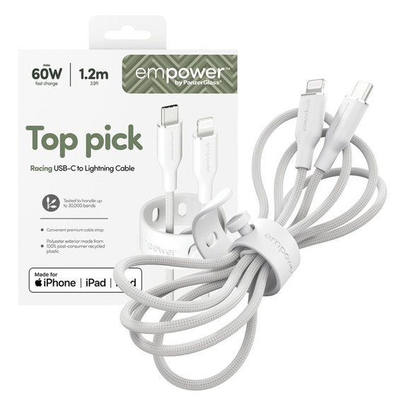 Καλώδιο USB-C/Lightning, 60 W, Racing, 1, 2 m, Ασημί-λευκό, empower