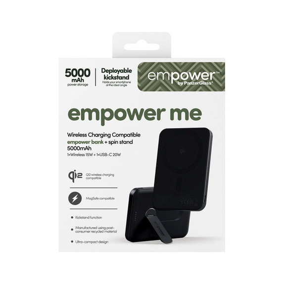 Ασύρματο PowerBank 5000 mAh με περιστρεφόμενη βάση, 20 W, συμβατό με MagSafe, Qi2/USB-C, Space Black, empower