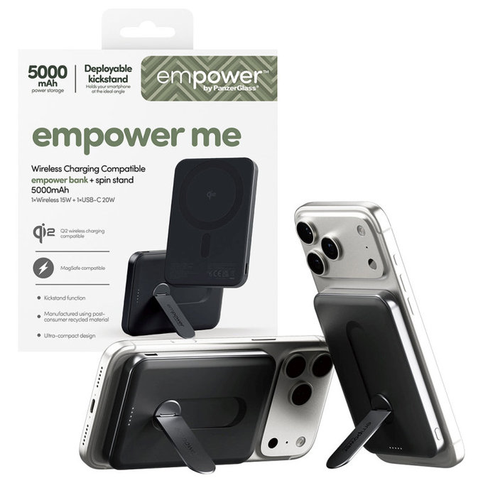 Ασύρματο PowerBank 5000 mAh με περιστρεφόμενη βάση, 20 W, συμβατό με MagSafe, Qi2/USB-C, Space Black, empower