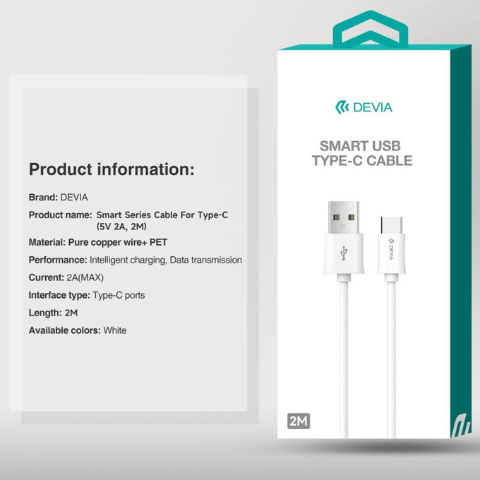Καλώδιο USB / USB-C Smart, 2.1A, 2m, λευκό, Devia