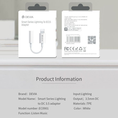 Αντάπτορας Smart 3,5mm Jack / Lightning, λευκός, Devia