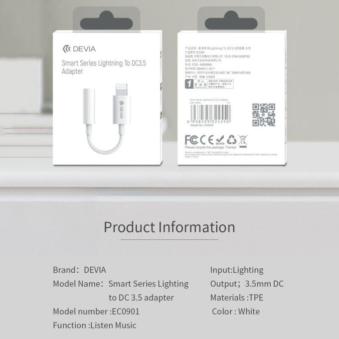 Αντάπτορας Smart 3,5mm Jack / Lightning, λευκός, Devia